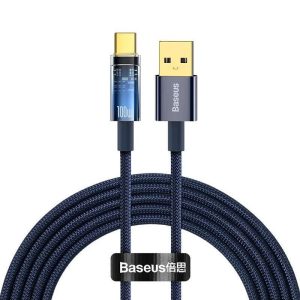 USB töltő- és adatkábel, USB Type-C, 200 cm, 6000 mA, 100W, gyorstöltés, cipőfűző minta, Baseus Explorer, CATS000303, sötétkék