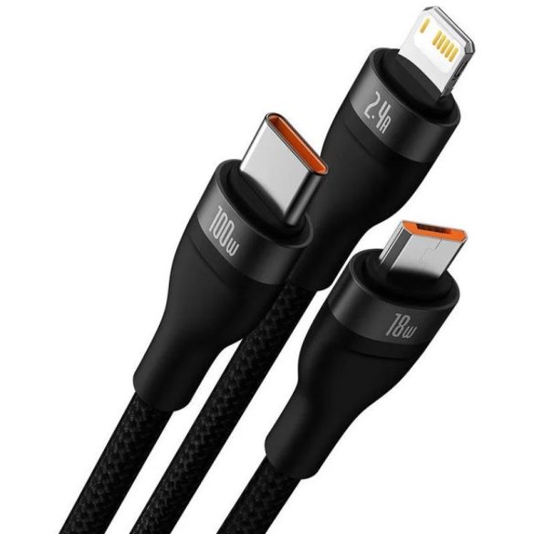 USB töltő- és adatkábel 3in1, USB Type-C, Lightning, microUSB, 120 cm, 3500 mAh, 100 W, törésgátlóval, gyorstöltés, cipőfűző minta, Baseus Flash Series 2, CASS030001, fekete