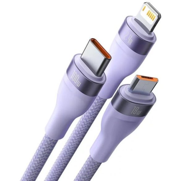 USB töltő- és adatkábel 3in1, USB Type-C, Lightning, microUSB, 120 cm, 3500 mAh, 100 W, törésgátlóval, gyorstöltés, cipőfűző minta, Baseus Flash Series 2, CASS030005, lila