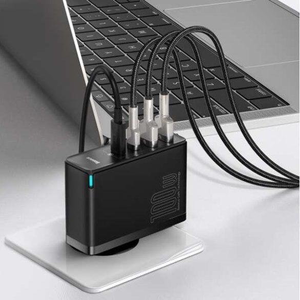 Hálózati töltő adapter, 100W, 2 x USB aljzat, 2 x USB Type-C aljzat, gyorstöltés, PD, GaN2, Baseus GaN2 Pro, fekete