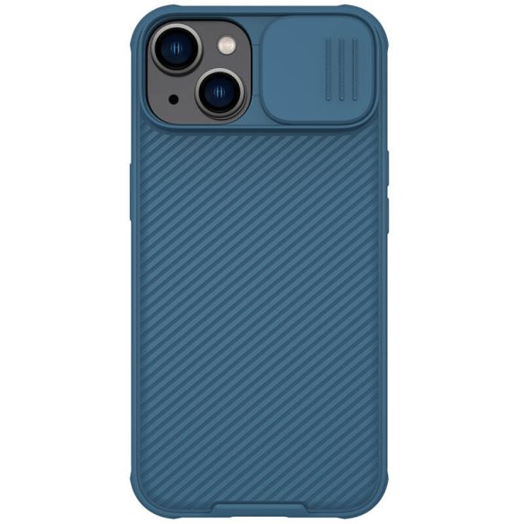 Apple iPhone 14, Műanyag hátlap + szilikon keret, közepesen ütésálló, kamera védelem, csíkos minta, Nillkin CamShield Pro, kék