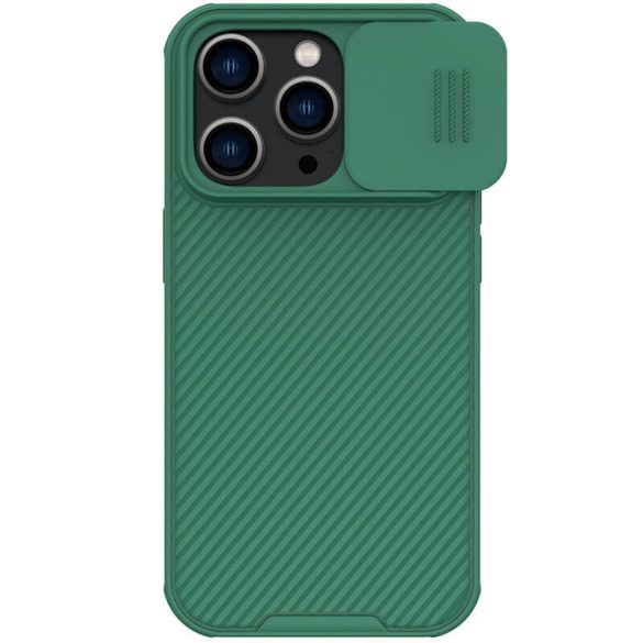 Apple iPhone 14 Pro, Műanyag hátlap + szilikon keret, közepesen ütésálló, kamera védelem, csíkos minta, Nillkin CamShield Pro, zöld
