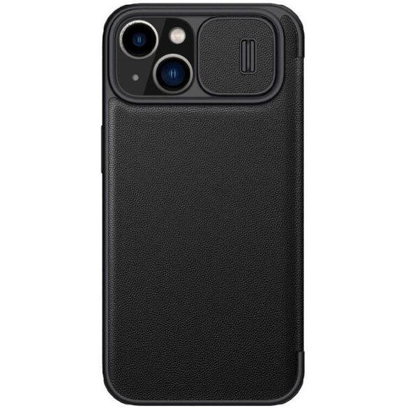 Apple iPhone 14, Oldalra nyíló tok, kamera védelem, Nillkin Qin Pro Plain Leather Cloth, fekete
