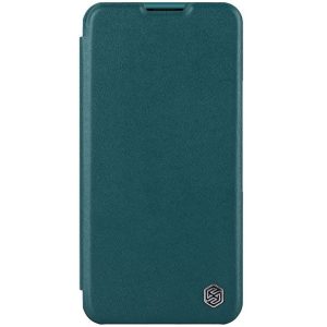 Apple iPhone 14, Oldalra nyíló tok, kamera védelem, Nillkin Qin Pro Plain Leather Cloth, zöld