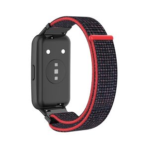 Huawei Band 7 / Honor Band 7, textíl pótszíj, nylon, tépőzáras, állítható, légáteresztő, fekete/piros