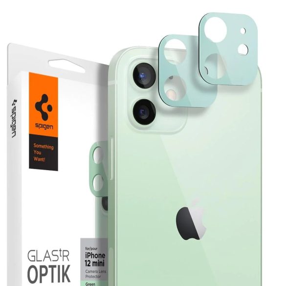 Apple iPhone 12 Mini, Kamera lencsevédő fólia, ütésálló fólia, Tempered Glass (edzett üveg), Spigen Glastr Optik, zöld, 2 db / csomag