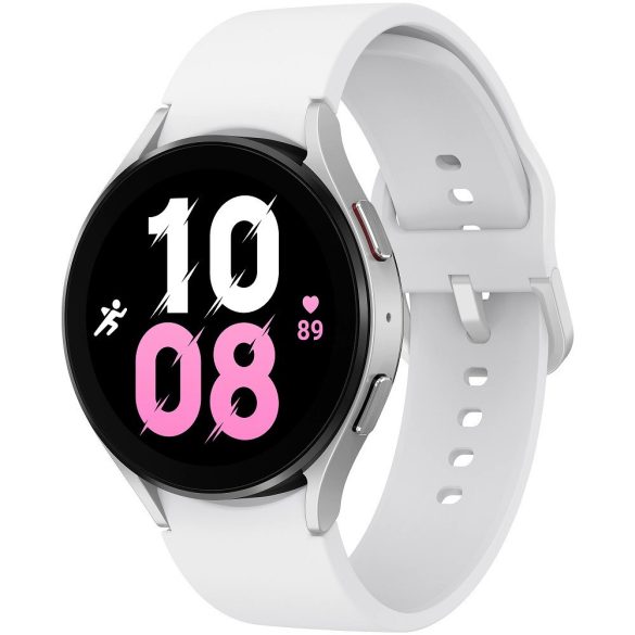 Bluetooth okosóra, szilikon szíj, alumínium keret, v5.2, aktivitás és egészség mérő, vízálló, hangszóró, Samsung Galaxy Watch 5 (44mm) SM-R910, ezüst, gyári