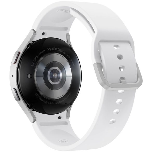 Bluetooth okosóra, szilikon szíj, alumínium keret, v5.2, aktivitás és egészség mérő, vízálló, hangszóró, Samsung Galaxy Watch 5 (44mm) SM-R910, ezüst, gyári