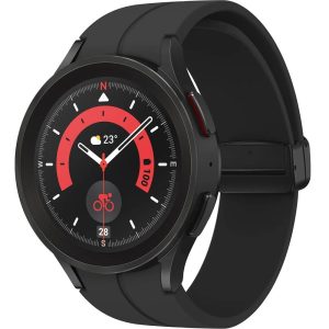 Bluetooth okosóra, szilikon szíj, titánium keret, v5.2, aktivitás és egészség mérő, vízálló, hangszóró, Samsung Galaxy Watch 5 Pro (45mm) SM-R920, fekete, gyári