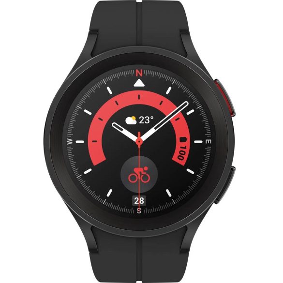 Bluetooth okosóra, szilikon szíj, titánium keret, v5.2, aktivitás és egészség mérő, vízálló, hangszóró, Samsung Galaxy Watch 5 Pro (45mm) SM-R920, fekete, gyári