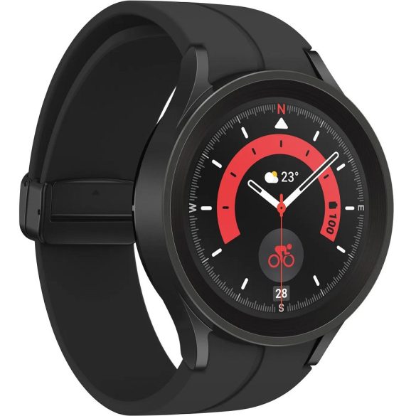 Bluetooth okosóra, szilikon szíj, titánium keret, v5.2, aktivitás és egészség mérő, vízálló, hangszóró, Samsung Galaxy Watch 5 Pro (45mm) SM-R920, fekete, gyári