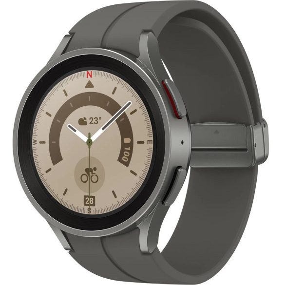 Bluetooth okosóra, szilikon szíj, titánium keret, v5.2, aktivitás és egészség mérő, vízálló, hangszóró, Samsung Galaxy Watch 5 Pro (45mm) SM-R920, szürke, gyári