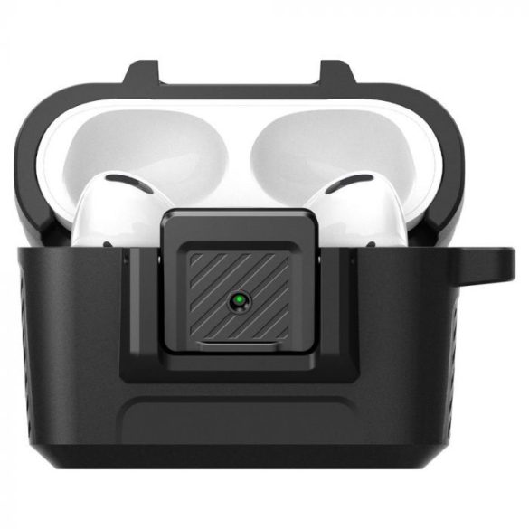 Bluetooth fülhallgató töltőtok tartó, műanyag, vezeték nélküli töltés támogatás, karabiner, Apple AirPods Pro kompatibilis, Spigen Lock Fit, fekete