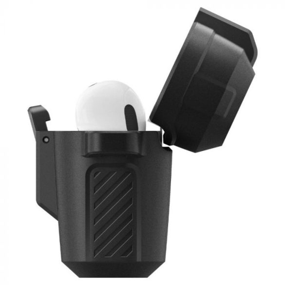 Bluetooth fülhallgató töltőtok tartó, műanyag, vezeték nélküli töltés támogatás, karabiner, Apple AirPods Pro kompatibilis, Spigen Lock Fit, fekete