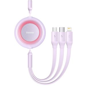 USB töltő- és adatkábel 3in1, USB Type-C, Lightning, microUSB, 110 cm, 3500 mA, gyorstöltés, lapos, feltekerhető, Baseus Bright Mirror 2, CAMJ010005, lila