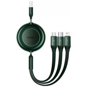 USB töltő- és adatkábel 3in1, USB Type-C, Lightning, microUSB, 110 cm, 3500 mA, gyorstöltés, lapos, feltekerhető, Baseus Bright Mirror 2, CAMJ010006, sötétzöld