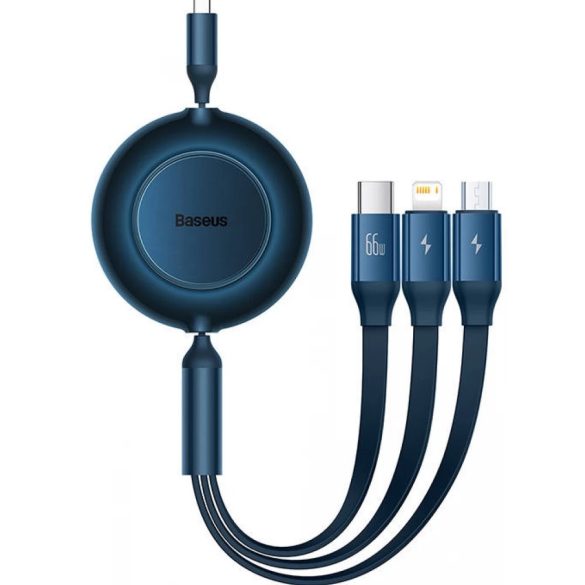 USB töltő- és adatkábel 3in1, USB Type-C, Lightning, microUSB, 110 cm, 2000mA, 66W, gyorstöltés, lapos, feltekerhető, Baseus Bright Mirror 2, CAMJ010103, sötétkék