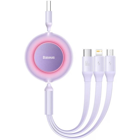 USB töltő- és adatkábel 3in1, USB Type-C, Lightning, microUSB, 110 cm, 2000mA, 66W, gyorstöltés, lapos, feltekerhető, Baseus Bright Mirror 2, CAMJ010105, lila