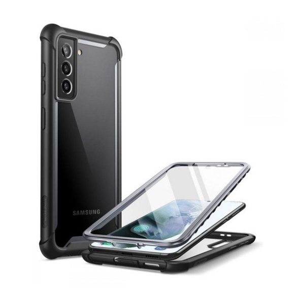 Samsung Galaxy S21 FE 5G SM-G990, Műanyag hátlap védőtok (elő- és hátlapi) + Tempered Glass (edzett üveg), közepesen ütésálló, SupCase IBLSN Clear, átlátszó/fekete