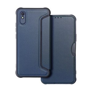 Xiaomi Redmi 9A / 9AT / 9i, Oldalra nyíló tok, légpárnás sarok, bőrhatású, karbon minta, Razor Book, kék