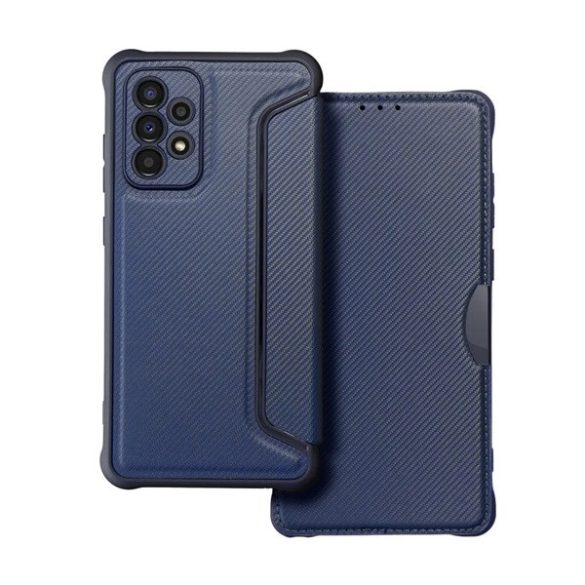 Samsung Galaxy A53 5G SM-A536U, Oldalra nyíló tok, légpárnás sarok, bőrhatású, karbon minta, Razor Book, kék