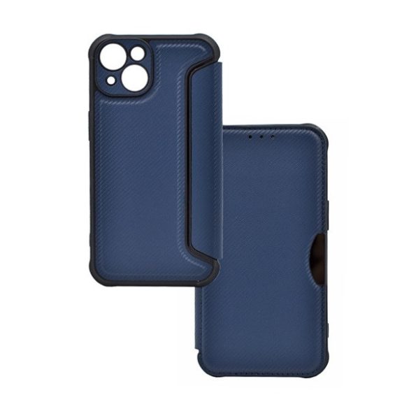 Apple iPhone 14, Oldalra nyíló tok, légpárnás sarok, bőrhatású, karbon minta, Razor Book, kék