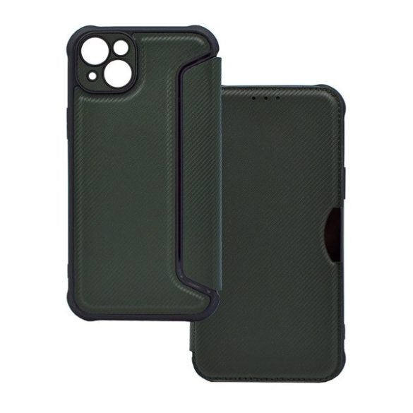 Apple iPhone 14 Plus, Oldalra nyíló tok, légpárnás sarok, bőrhatású, karbon minta, Razor Book, zöld