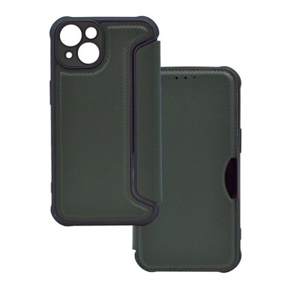 Apple iPhone 14, Oldalra nyíló tok, légpárnás sarok, bőrhatású, karbon minta, Razor Book, zöld