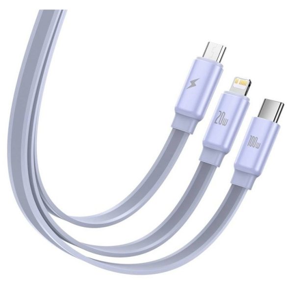 USB Type-C töltő- és adatkábel 3in1, USB Type-C, Lightning, microUSB, 170 cm, 100W, gyorstöltés, lapos, feltekerhető, Baseus Traction, CAQY000005, lila