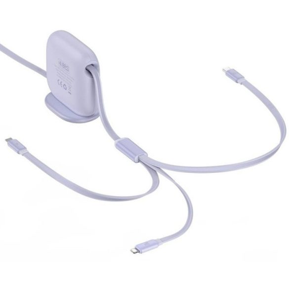 USB Type-C töltő- és adatkábel 3in1, USB Type-C, Lightning, microUSB, 170 cm, 100W, gyorstöltés, lapos, feltekerhető, Baseus Traction, CAQY000005, lila