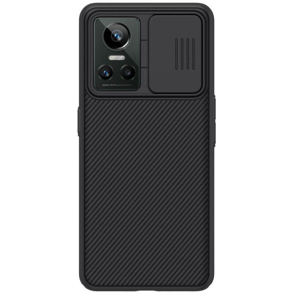 Realme GT Neo3 / Neo3 150W, Műanyag hátlap védőtok, közepesen ütésálló, kamera védelem, csíkos minta, Nillkin CamShield, fekete