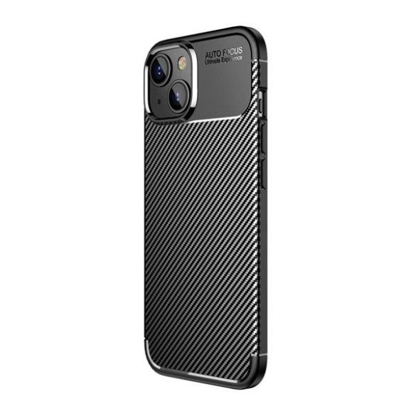 Apple iPhone 14, Szilikon tok, közepesen ütésálló, légpárnás sarok, karbon minta, fekete