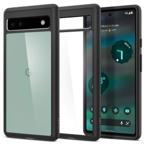 Google Pixel 6a, Műanyag hátlap védőtok + szilikon keret, Spigen Ultra Hybrid, átlátszó/fekete