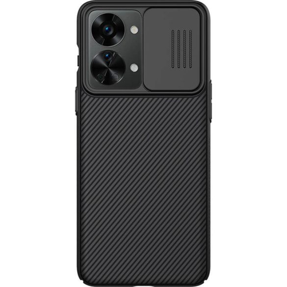 OnePlus Nord 2T, Műanyag hátlap védőtok, közepesen ütésálló, kamera védelem, csíkos minta, Nillkin CamShield, fekete