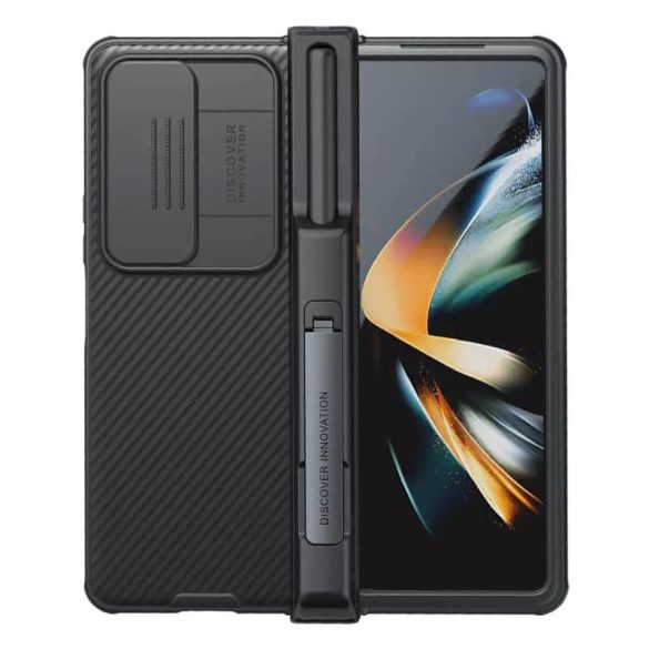 Samsung Galaxy Z Fold4 5G SM-F936B, Műanyag hátlap + szilikon keret, közepesen ütésálló, kamera védelem, csíkos minta, Nillkin CamShield Pro, fekete