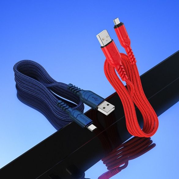 USB töltő- és adatkábel, microUSB, 100 cm, 2400 mA, törésgátlóval, gyorstöltés, QC, cipőfűző minta, Hoco X59 Victory, piros