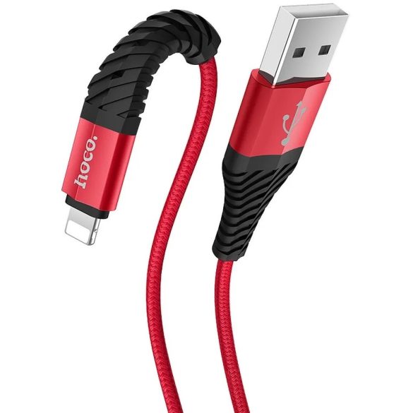 USB töltő- és adatkábel, Lightning, 100 cm, 2400 mA, törésgátlóval, gyorstöltés, QC, cipőfűző minta, Hoco X38 Cool, piros