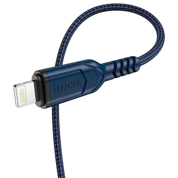 USB töltő- és adatkábel, Lightning, 100 cm, 2400 mA, törésgátlóval, gyorstöltés, QC, cipőfűző minta, Hoco X59 Victory, sötétkék