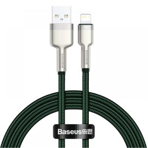 USB töltő- és adatkábel, Lightning, 100 cm, 2400 mA, törésgátlóval, gyorstöltés, cipőfűző minta, Baseus Cafule Metal, CALJK-A06, sötétzöld