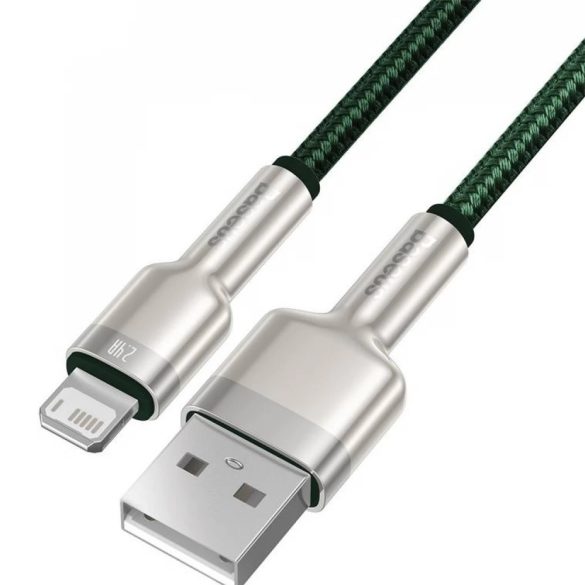 USB töltő- és adatkábel, Lightning, 100 cm, 2400 mA, törésgátlóval, gyorstöltés, cipőfűző minta, Baseus Cafule Metal, CALJK-A06, sötétzöld