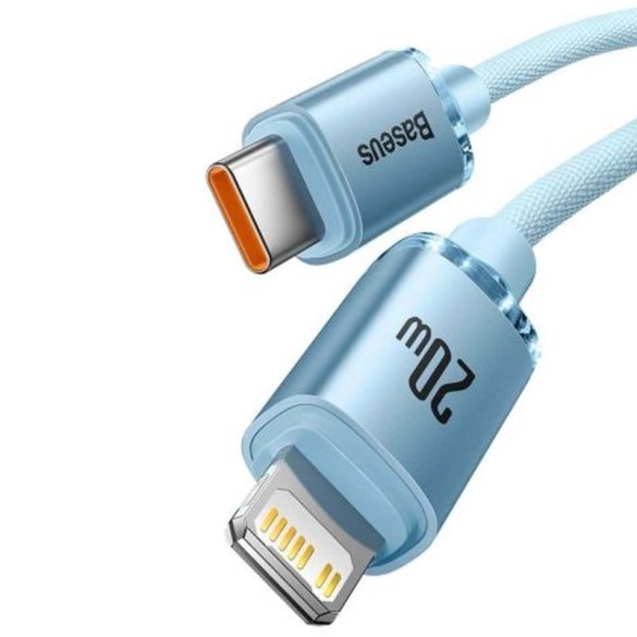 USB Type-C töltő- és adatkábel, Lightning, 120 cm, 20W, gyorstöltés, PD, cipőfűző minta, Baseus Crystal Shine, CAJY001303, világoskék