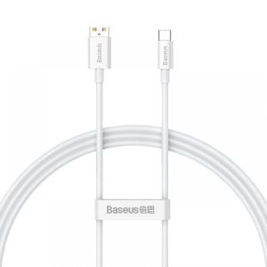 USB töltő- és adatkábel, USB Type-C, 100 cm, 6000mA, 100W, törésgátlóval, gyorstöltés, PD, QC, Baseus Superior, CAYS001302, fehér