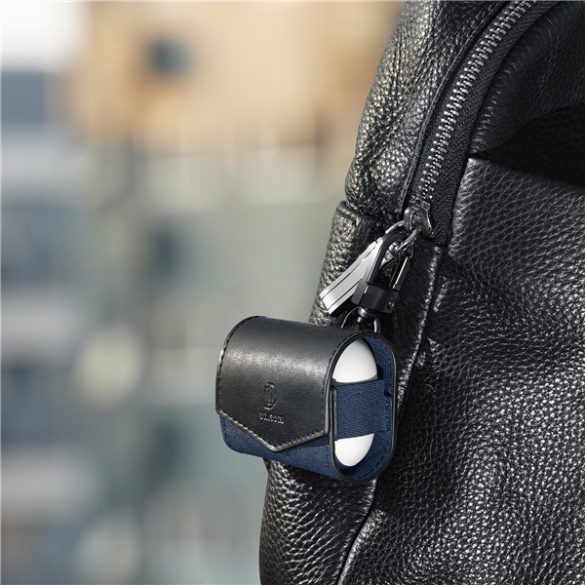 Bluetooth fülhallgató töltőtok tartó, műanyag tok, bőrhatású bevonat, karabiner, mágneses záródás, Apple AirPods 3 kompatibilis, Dux Ducis Mix, kék