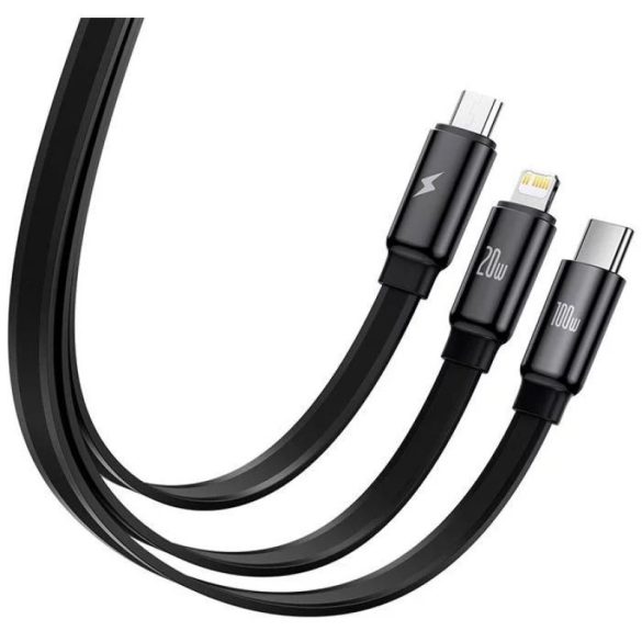 USB Type-C töltő- és adatkábel 3in1, USB Type-C, Lightning, microUSB, 170 cm, 100W, gyorstöltés, lapos, feltekerhető, Baseus Traction, CAQY000001, fekete