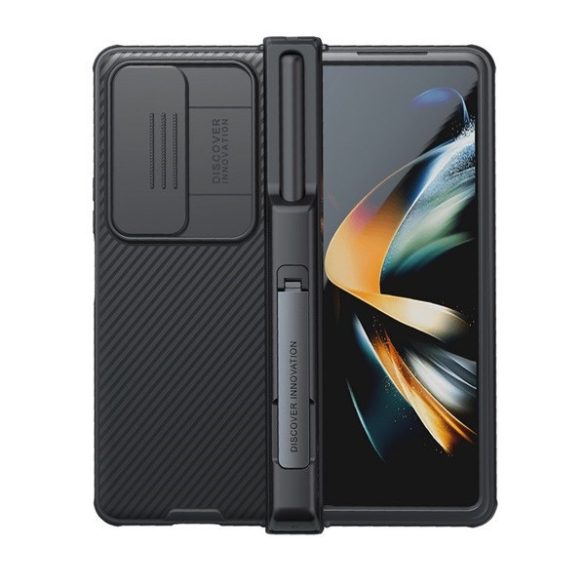 Samsung Galaxy Z Fold4 5G SM-F936B, Műanyag hátlap + szilikon keret, közepesen ütésálló, kamera védelem, Magsafe töltővel kompatibilis, csíkos minta, Nillkin CamShield Pro Magnetic, fekete