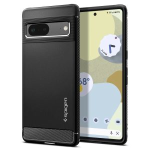 Google Pixel 7, Szilikon tok, Spigen Rugged Armor, karbon minta, fekete