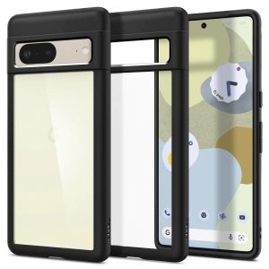 Google Pixel 7, Műanyag hátlap védőtok + szilikon keret, Spigen Ultra Hybrid, átlátszó/fekete