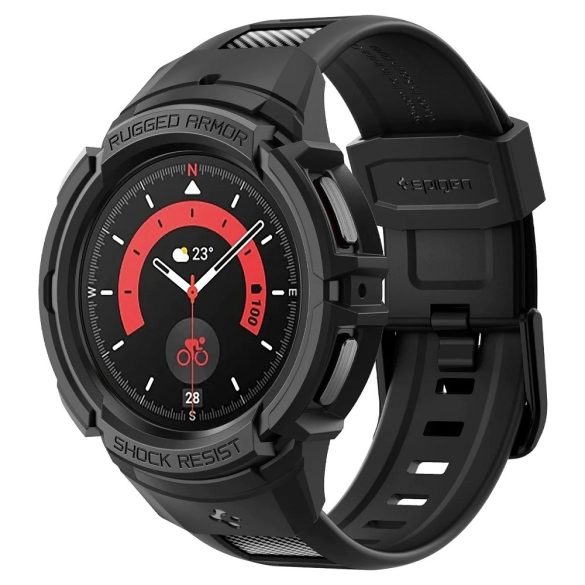 Samsung Galaxy Watch 5 Pro SM-R925F, Szilikon védőkeret, ütésálló, szíjjal, Spigen Rugged Armor Pro, fekete
