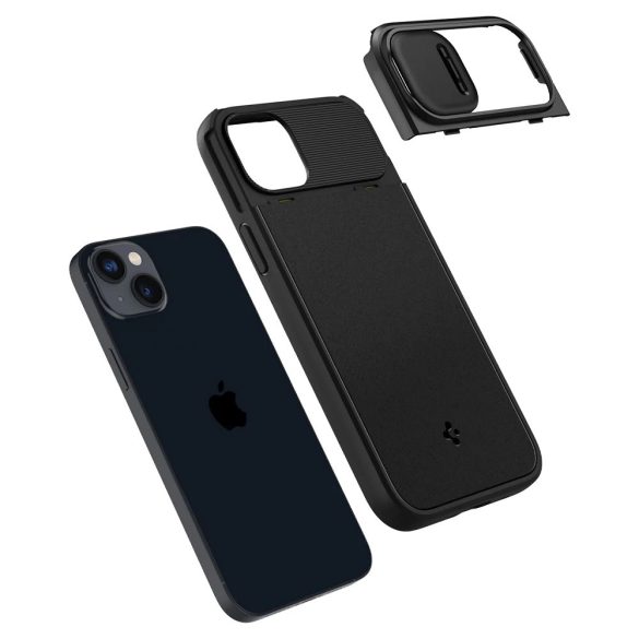 Apple iPhone 14, Szilikon tok, közepesen ütésálló, kamera védelem, Magsafe töltővel kompatibilis, Spigen Optik Armor Mag, fekete