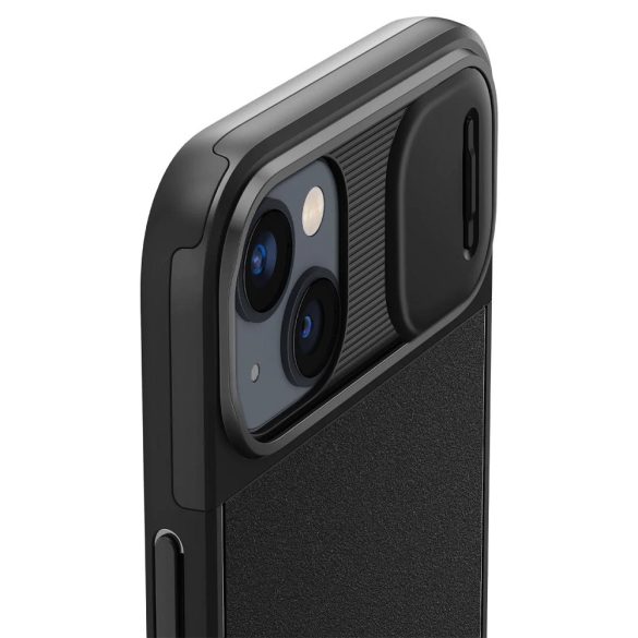 Apple iPhone 14, Szilikon tok, közepesen ütésálló, kamera védelem, Magsafe töltővel kompatibilis, Spigen Optik Armor Mag, fekete